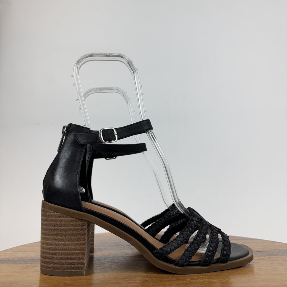 New Womens Lucky Brand Tasmina Black Leather Braided Sandals Block Heel Size 8 M - Picture 3 of 7